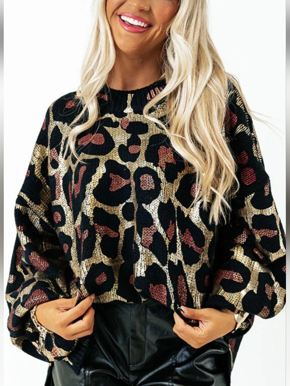 Leopard Metallic Knit Sweater - Black, Gold & Rust